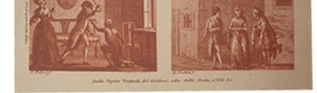 Cartolina con due illustrazioni delle commedie La bottega del caffè e La birba di Goldoni, tratte dall'edizione Zatta